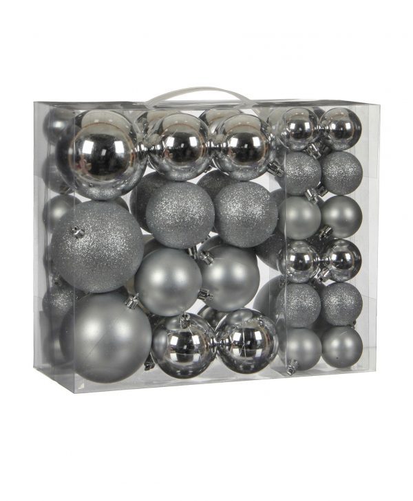 Набор пластиковых шаров 46шт (24шт*Ø4cм, 16шт*Ø6см, 6шт*Ø8см) серебро