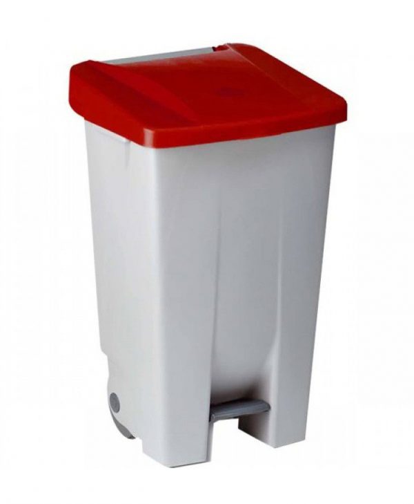 Контейнер пластиковый DENOX Selective container с ручкой, педалью и колесами (120л), серый с красной крышкой