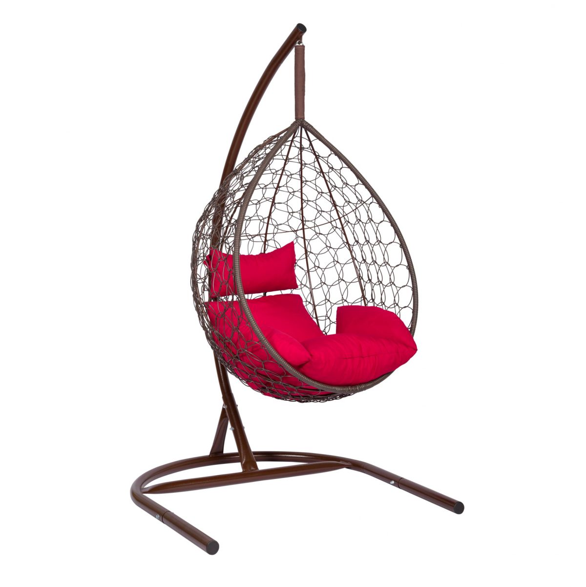 Подвесное кресло "Скай-01", цвет плетения – коричневый, подушка – красный, каркас – коричневый