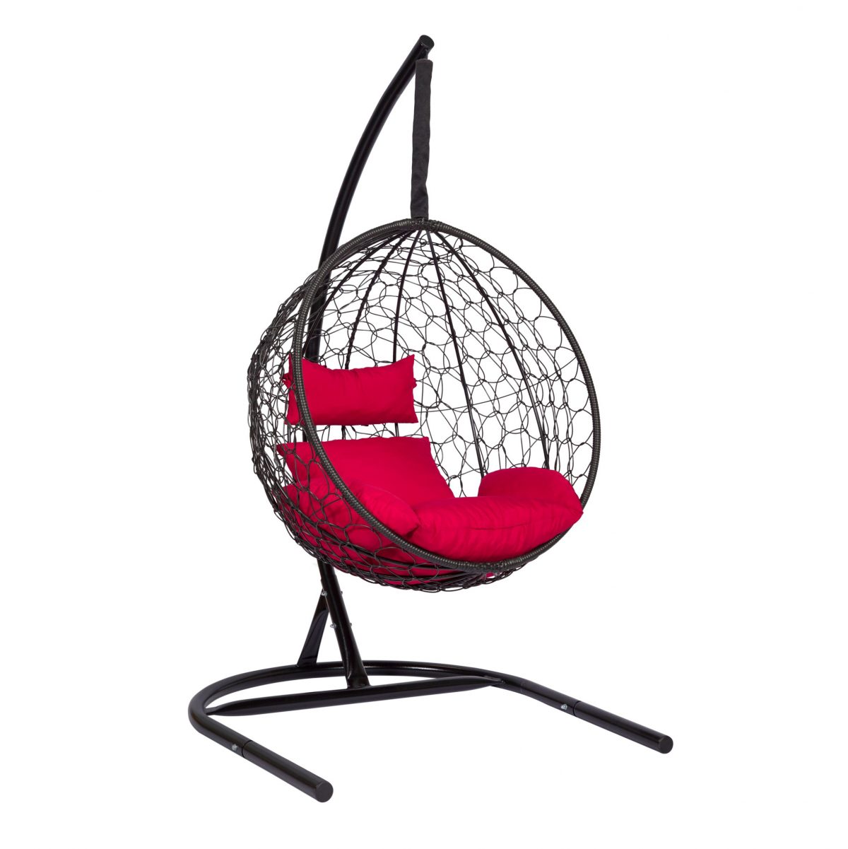 Подвесное кресло "Скай-02", цвет плетения – черный, подушка – красный, каркас – черный