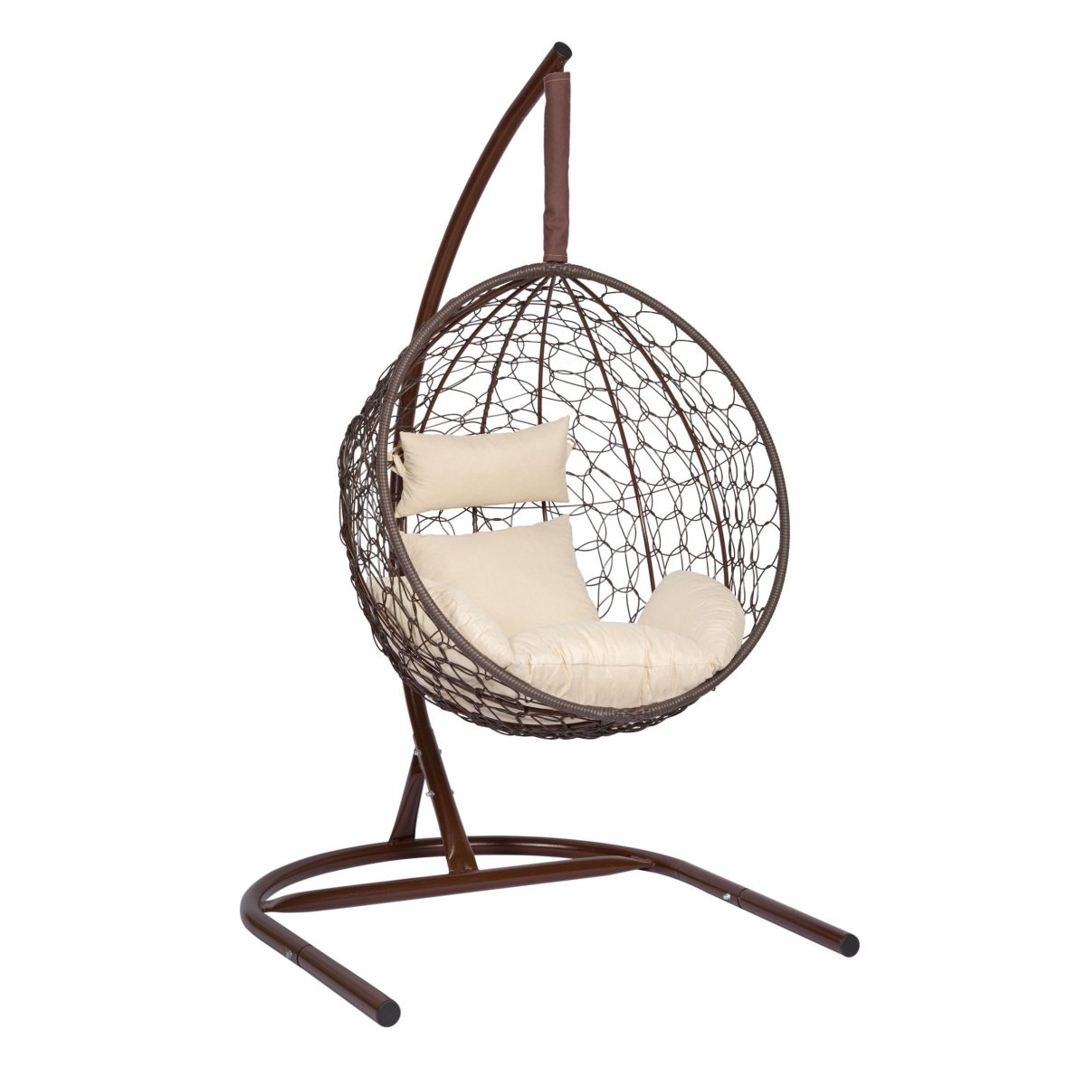 Подвесное кресло "Скай-02", цвет плетения – коричневый, подушка – бежевый (молочный), каркас – коричневый