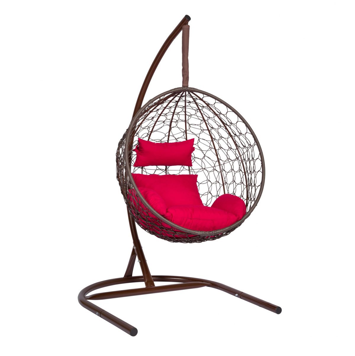Подвесное кресло "Скай-02", цвет плетения – коричневый, подушка – красный, каркас – коричневый