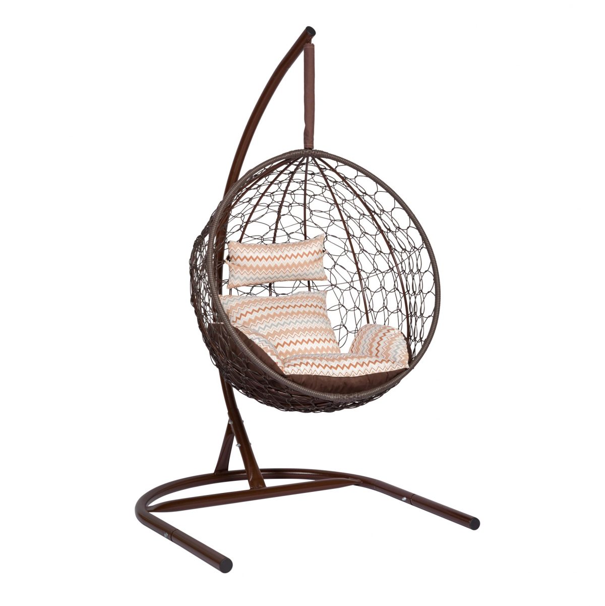 Подвесное кресло "Скай-02", цвет плетения – коричневый, подушка – зигзаг, каркас – коричневый