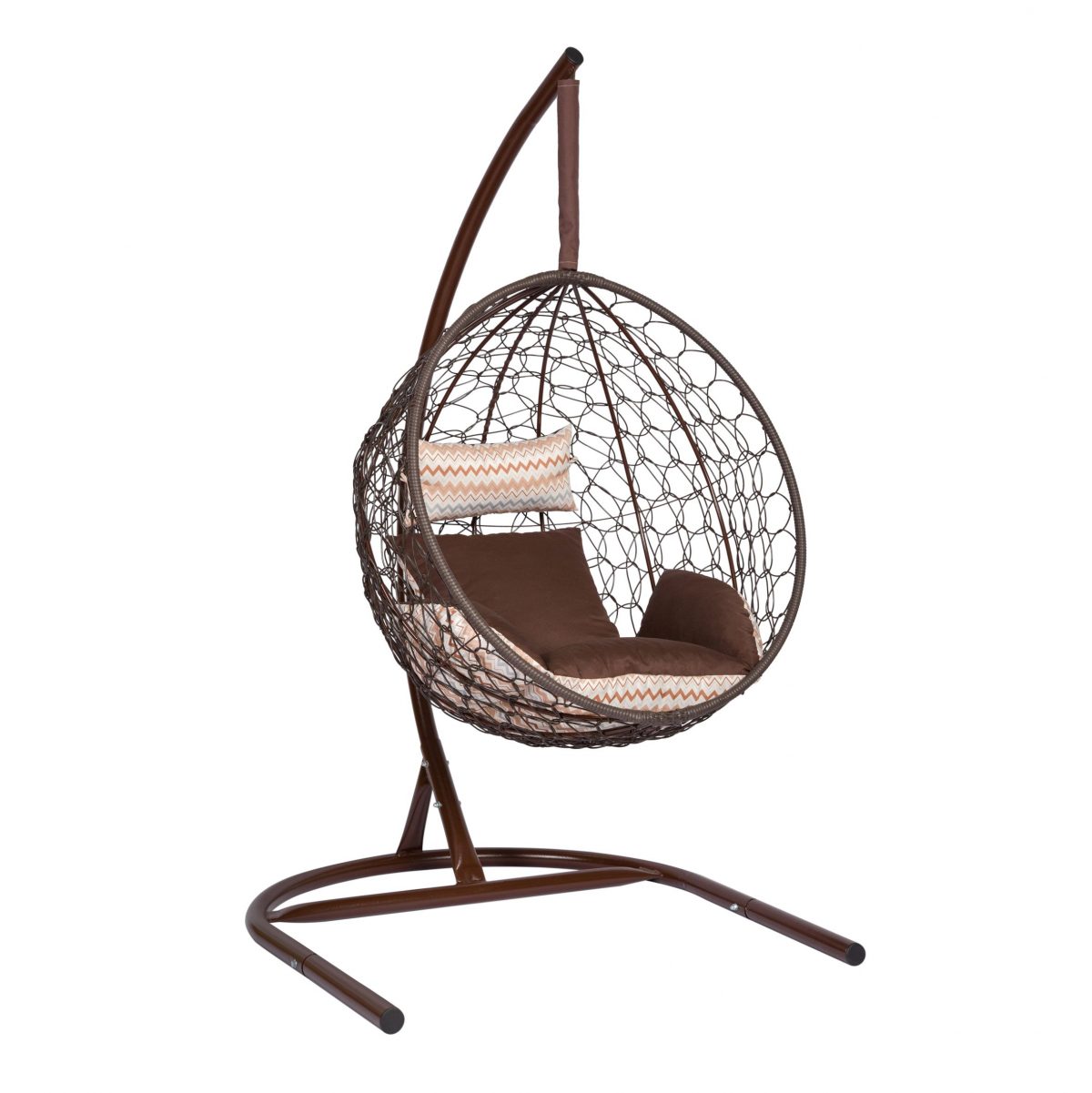 Подвесное кресло "Скай-02", цвет плетения – коричневый, подушка – зигзаг, каркас – коричневый