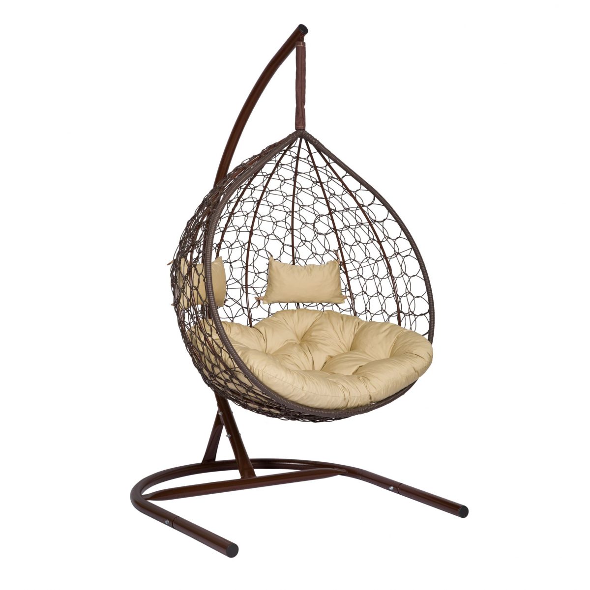 Подвесное кресло "Скай-03", цвет плетения – коричневый, подушка – бежевый (молочный), каркас – коричневый