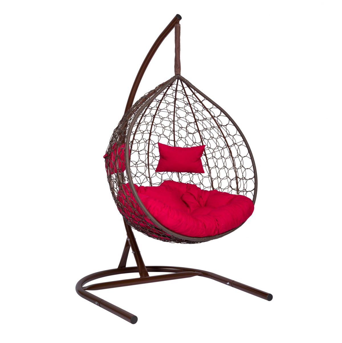 Подвесное кресло "Скай-03", цвет плетения – коричневый, подушка – красный, каркас – коричневый