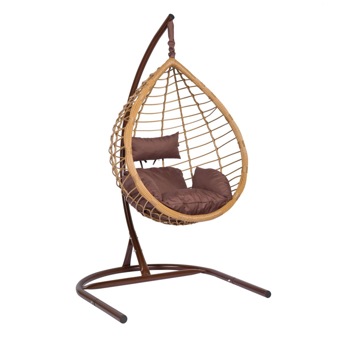Подвесное кресло "Скай-04", цвет плетения – соломенный, подушка – коричневый, каркас – коричневый