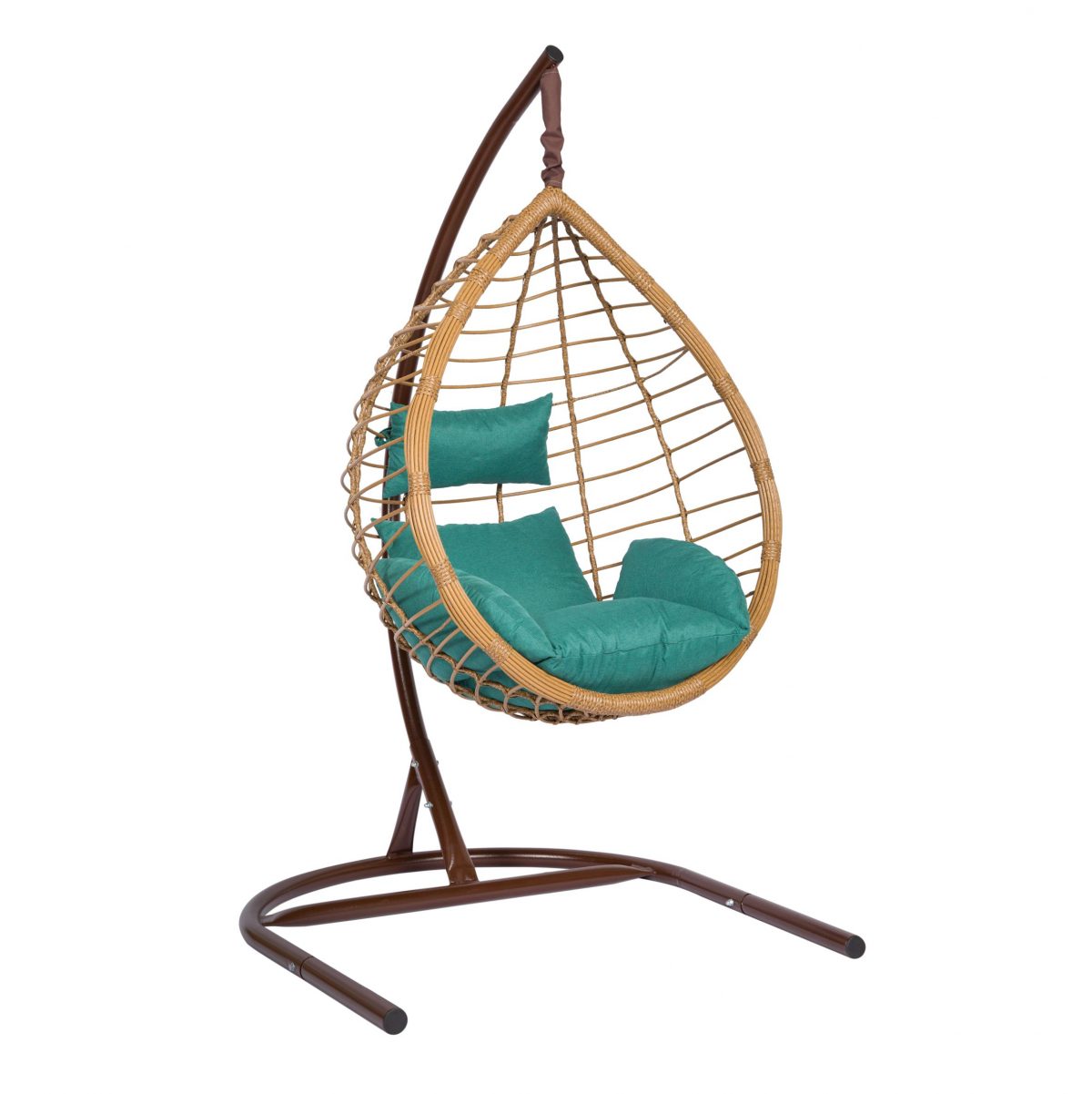 Подвесное кресло "Скай-04", цвет плетения – соломенный, подушка – зеленый, каркас – коричневый